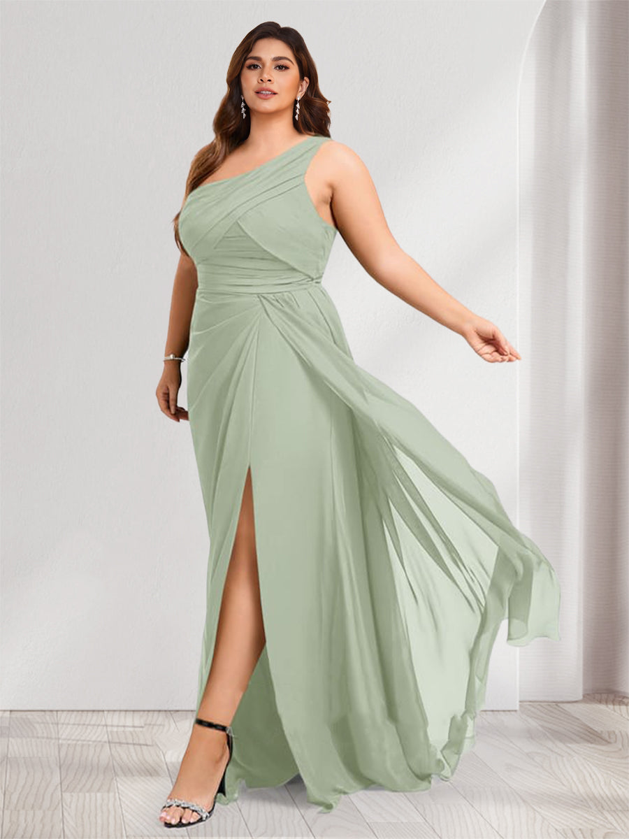 Sheath/Column One-Shoulder Floor-Length Plus Size Bridesmaid Dresses with Ruched & Split Side