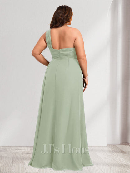 Sheath/Column One-Shoulder Floor-Length Plus Size Bridesmaid Dresses with Ruched & Split Side