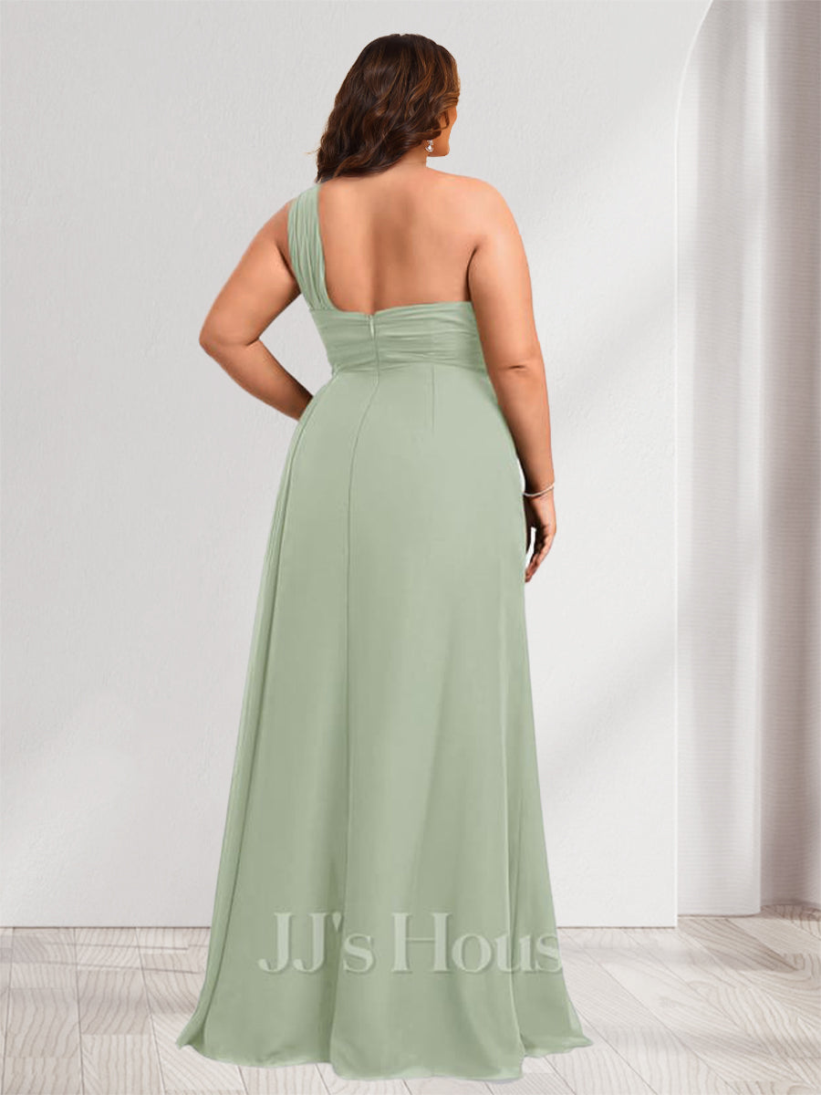 Sheath/Column One-Shoulder Floor-Length Plus Size Bridesmaid Dresses with Ruched & Split Side