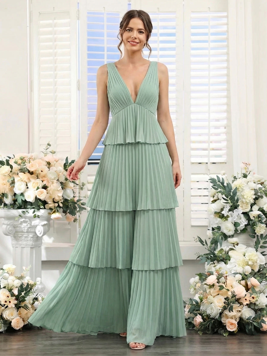 A-Line/Princess V-Neck Sleeveless Floor-Length Bridesmaid Dresses with Pleats & Ruffles