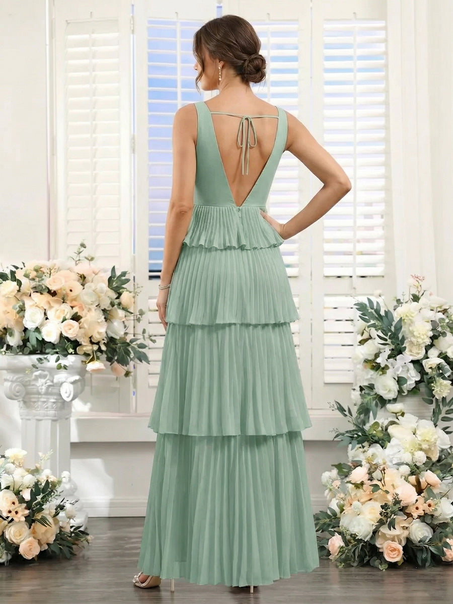 A-Line/Princess V-Neck Sleeveless Floor-Length Bridesmaid Dresses with Pleats & Ruffles