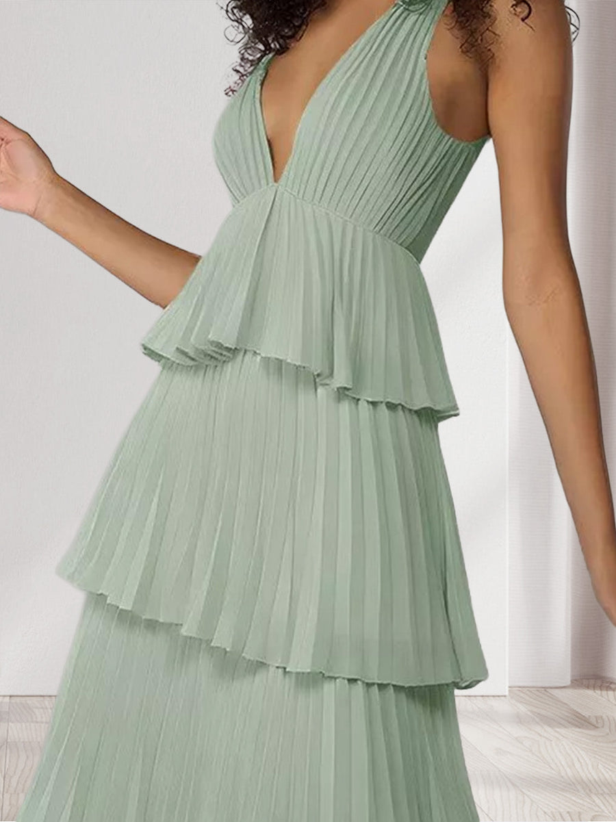 A-Line/Princess V-Neck Sleeveless Floor-Length Bridesmaid Dresses with Pleats & Ruffles