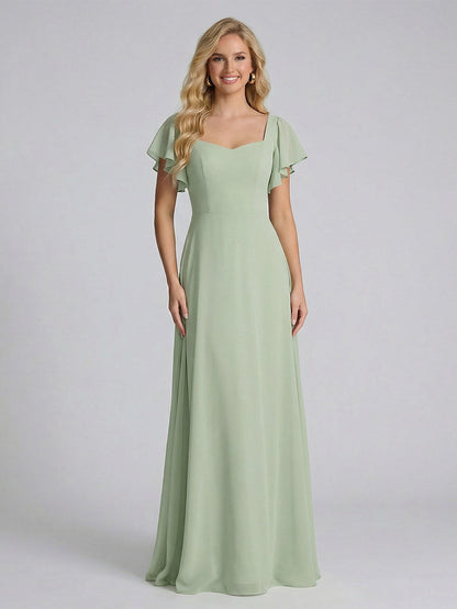 A-Line/Princess Sweetheart Short Sleeves Floor-Length Bridesmaid Dresses with Ruffles