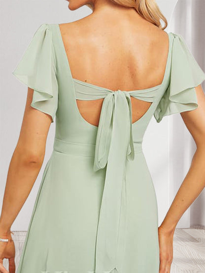 A-Line/Princess Sweetheart Short Sleeves Floor-Length Bridesmaid Dresses with Ruffles