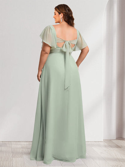 A-Line/Princess Sweetheart Short Sleeves Floor-Length Plus Size Bridesmaid Dresses with Ruffles