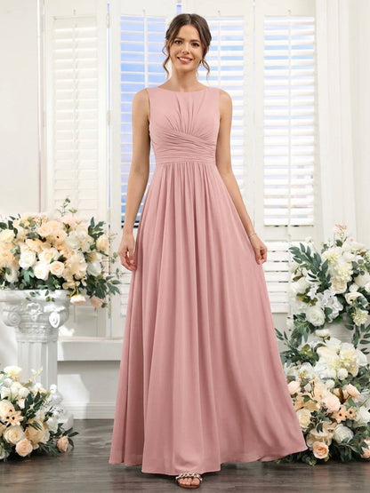 A-Line/Princess Scoop Sleeveless Floor-Length Bridesmaid Dresses with Ruched