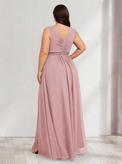 A-Line/Princess Scoop Sleeveless Floor-Length Plus Size Bridesmaid Dresses with Ruched