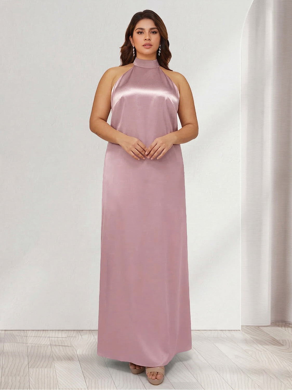Sheath/Column Halter Sleeveless Ankle-Length Plus Size Bridesmaid Dresses with Ruched