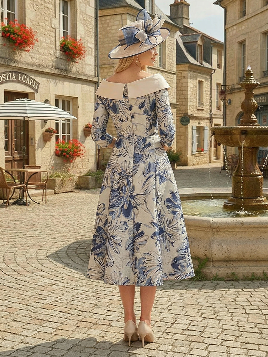 A-Line/Princess Off-the-Shoulder 3/4 Sleeves Tea-Length Mother of the Bride Dresses with Ruffles