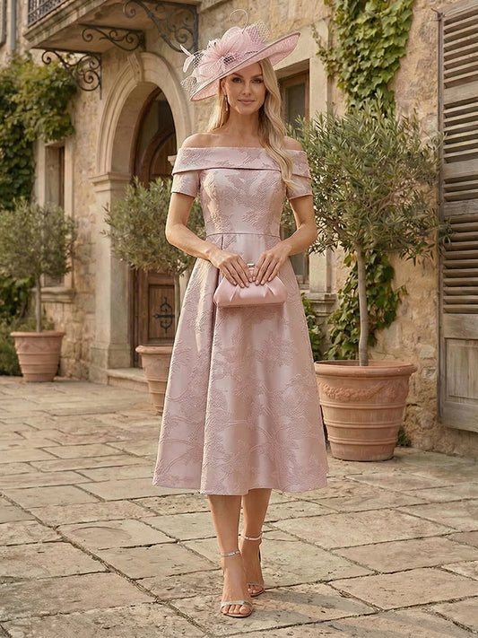 A-Line/Princess Off-the-Shoulder Short Sleeves Tea-Length Mother of the Bride Dresses with Pleats