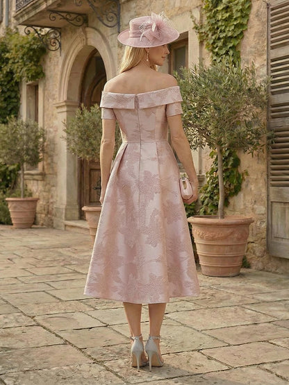 A-Line/Princess Off-the-Shoulder Short Sleeves Tea-Length Mother of the Bride Dresses with Pleats