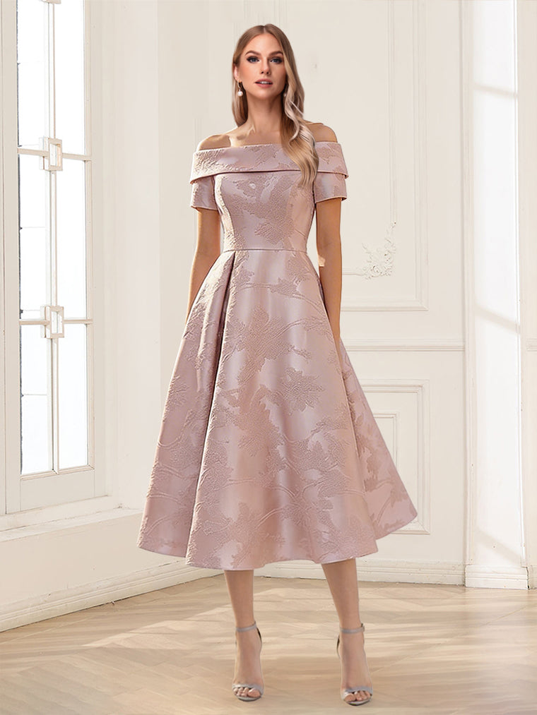 A-Line/Princess Off-the-Shoulder Short Sleeves Tea-Length Mother of the Bride Dresses with Pleats