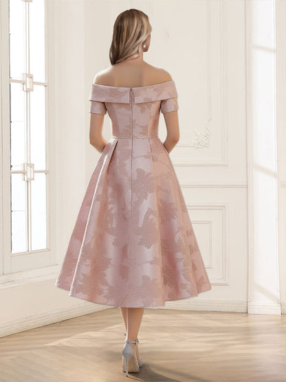 A-Line/Princess Off-the-Shoulder Short Sleeves Tea-Length Mother of the Bride Dresses with Pleats