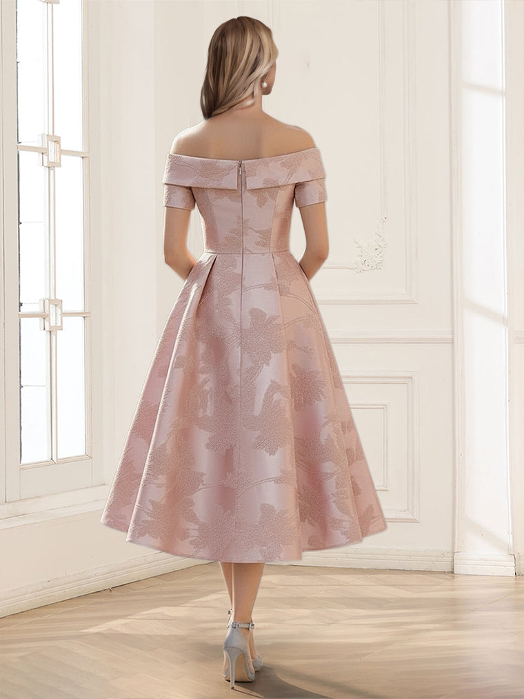 A-Line/Princess Off-the-Shoulder Short Sleeves Tea-Length Mother of the Bride Dresses with Pleats