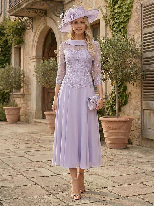 A-Line/Princess Scoop 3/4 Sleeves Tea-Length Mother of the Bride Dresses with Pleats & Bowknot