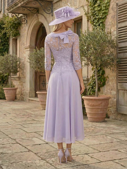 A-Line/Princess Scoop 3/4 Sleeves Tea-Length Mother of the Bride Dresses with Pleats & Bowknot