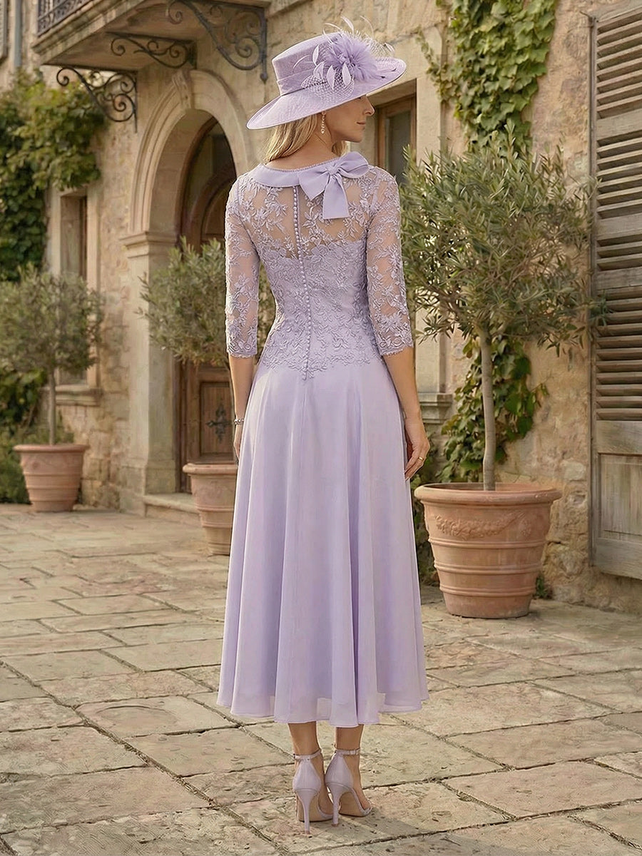 A-Line/Princess Scoop 3/4 Sleeves Tea-Length Mother of the Bride Dresses with Pleats & Bowknot