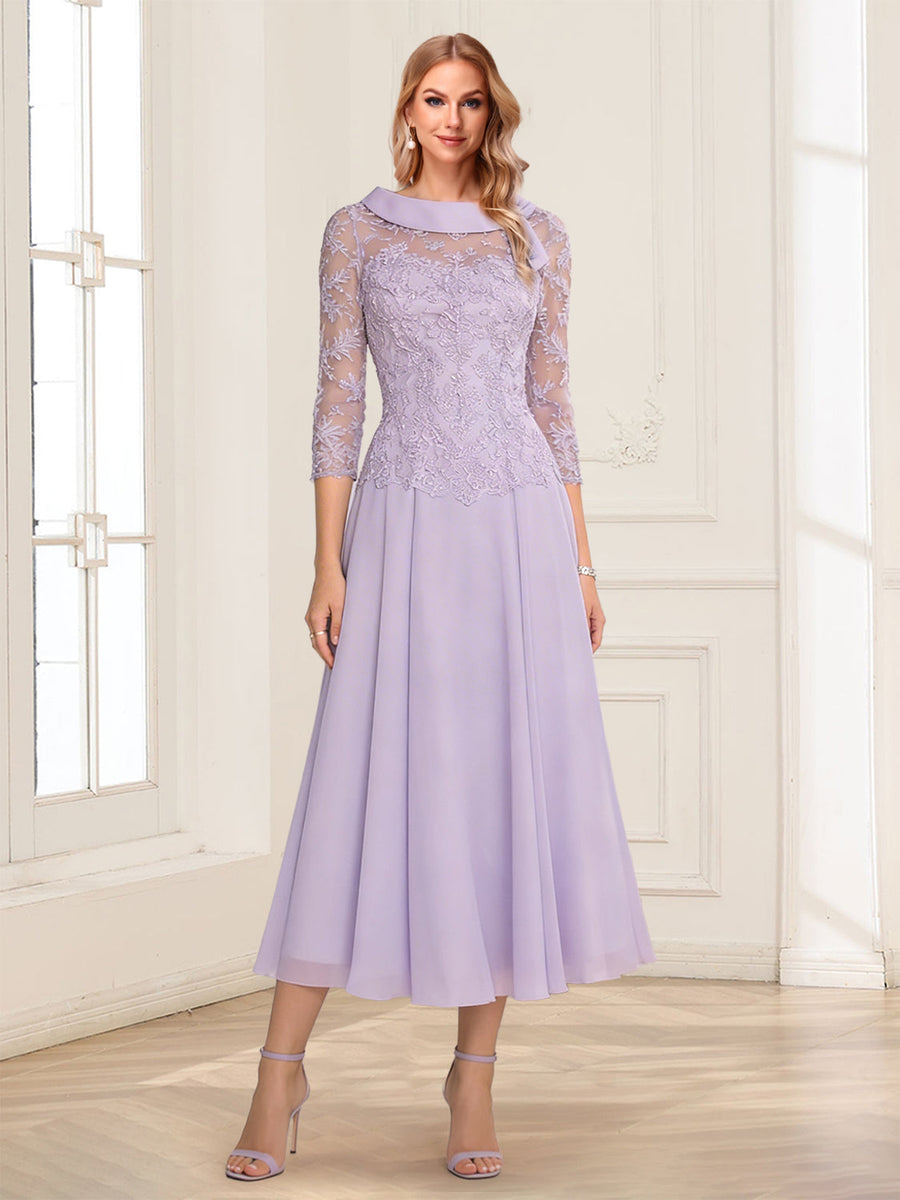 A-Line/Princess Scoop 3/4 Sleeves Tea-Length Mother of the Bride Dresses with Pleats & Bowknot