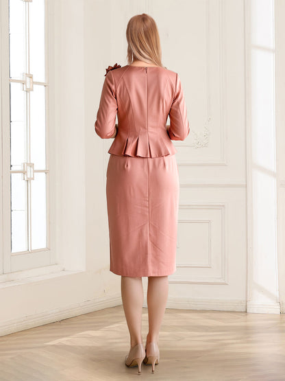 Sheath/Column Crew Neck Half Sleeves Knee-Length Mother of the Bride Dresses with Flower