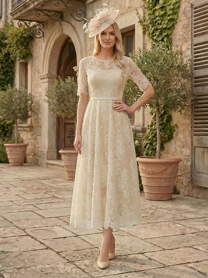 A-Line/Princess Illusion Neck Half Sleeves Tea-Length Mother of the Bride Dresses with Applique & Sash