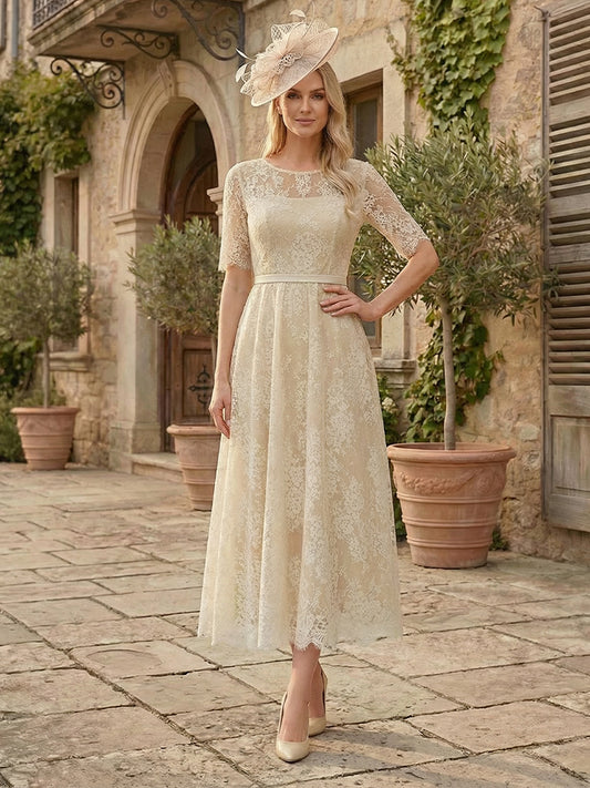 A-Line/Princess Illusion Neck Half Sleeves Tea-Length Mother of the Bride Dresses with Applique & Sash