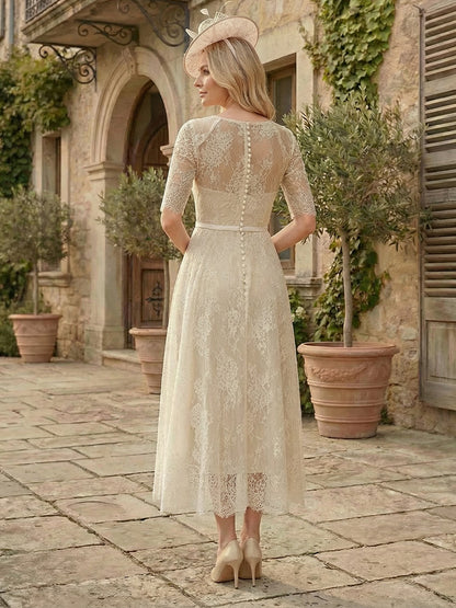A-Line/Princess Illusion Neck Half Sleeves Tea-Length Mother of the Bride Dresses with Applique & Sash