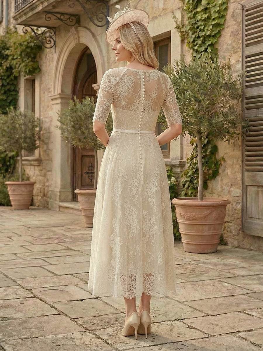 A-Line/Princess Illusion Neck Half Sleeves Tea-Length Mother of the Bride Dresses with Applique & Sash