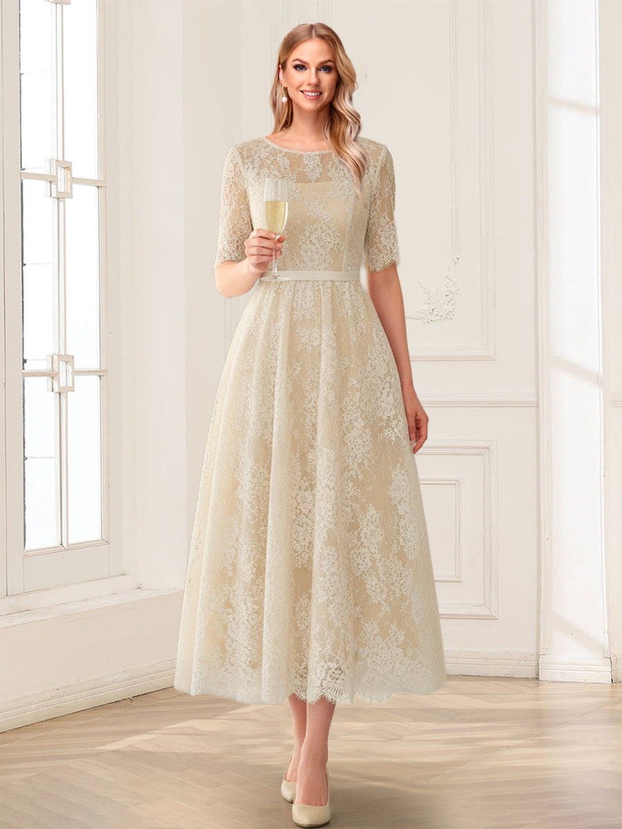 A-Line/Princess Illusion Neck Half Sleeves Tea-Length Mother of the Bride Dresses with Applique & Sash