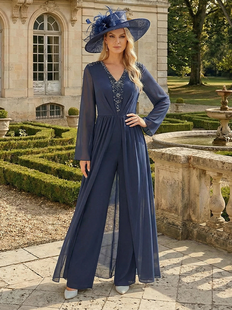 Jumpsuits V Neck Long Sleeves Floor Length Mother of the Bride Dresses with Beading