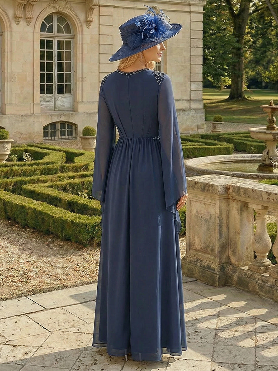 Jumpsuits V Neck Long Sleeves Floor Length Mother of the Bride Dresses with Beading
