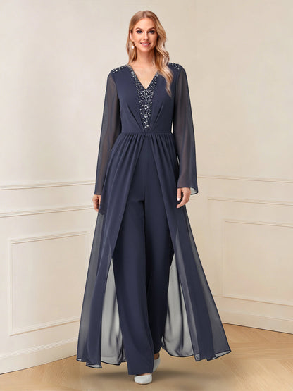 Jumpsuits V Neck Long Sleeves Floor Length Mother of the Bride Dresses with Beading