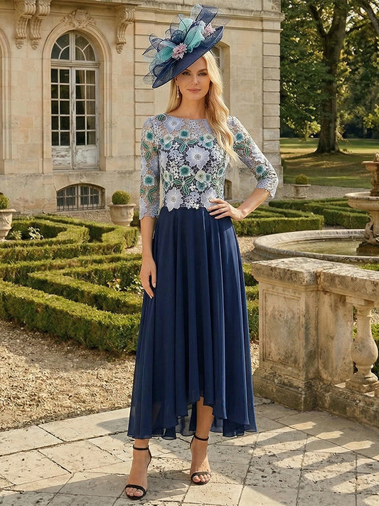 A-Line/Princess Scoop 3/4 Sleeves Asymmetrical Mother of the Bride Dresses with Flower & Embroidery