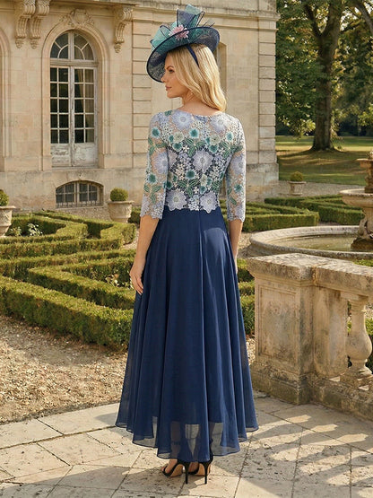 A-Line/Princess Scoop 3/4 Sleeves Asymmetrical Mother of the Bride Dresses with Flower & Embroidery