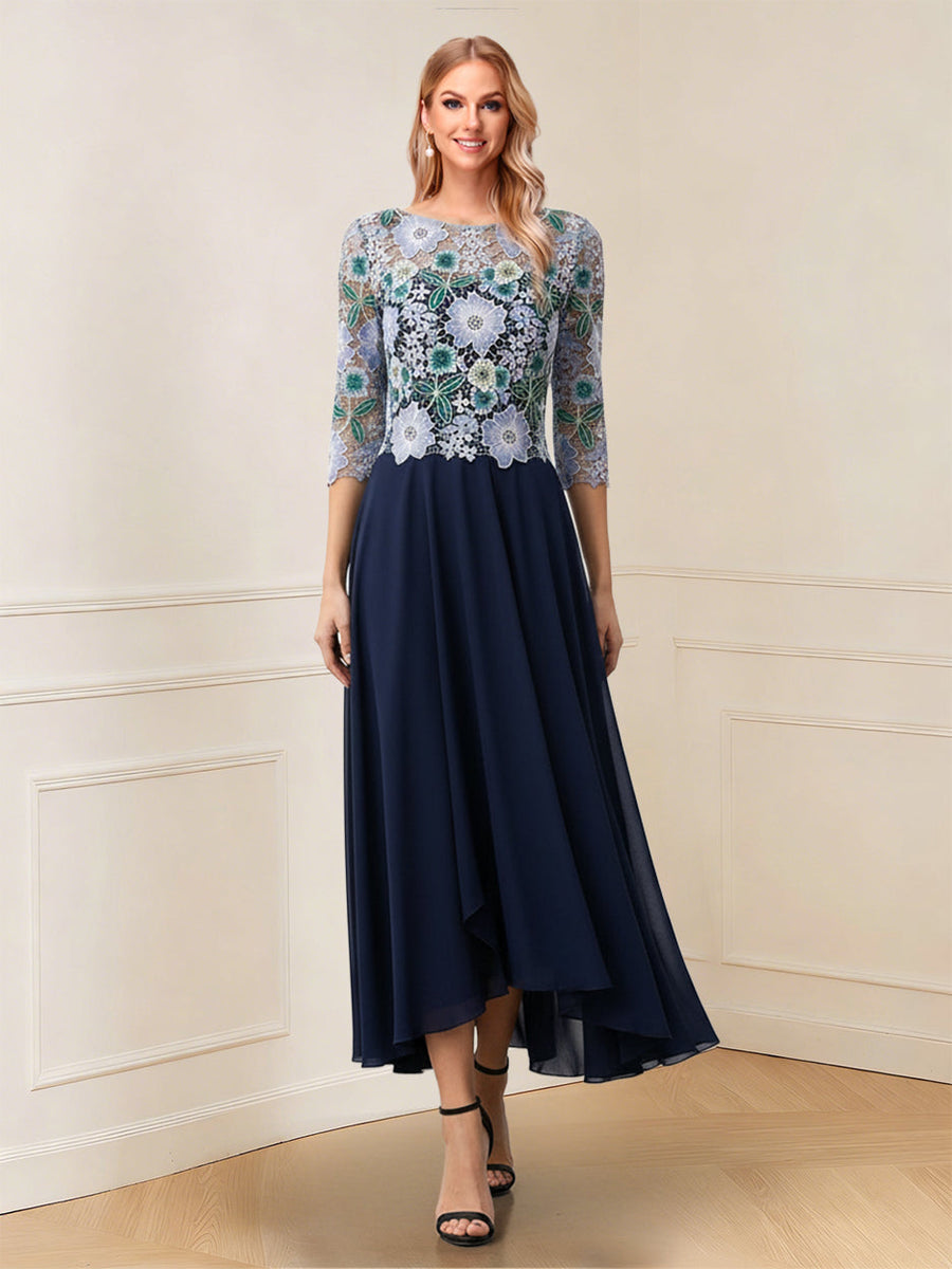 A-Line/Princess Scoop 3/4 Sleeves Asymmetrical Mother of the Bride Dresses with Flower & Embroidery