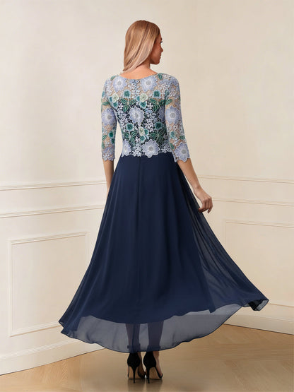 A-Line/Princess Scoop 3/4 Sleeves Asymmetrical Mother of the Bride Dresses with Flower & Embroidery