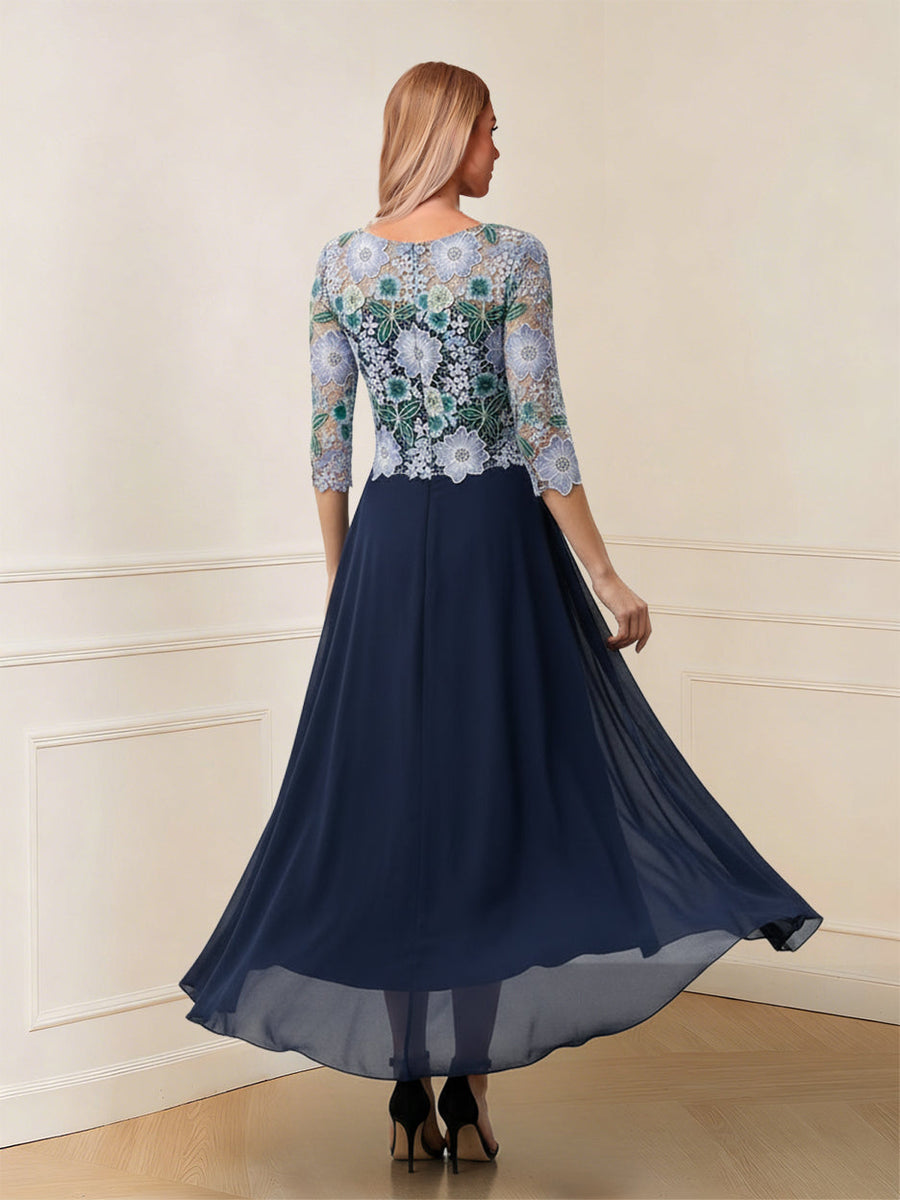 A-Line/Princess Scoop 3/4 Sleeves Asymmetrical Mother of the Bride Dresses with Flower & Embroidery