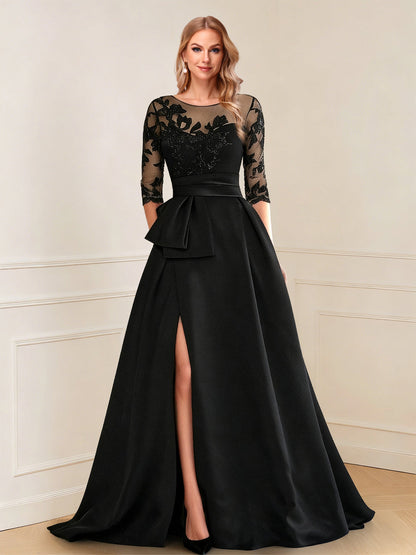 A-Line/Princess Scoop 3/4 Sleeves Floor-Length Mother of the Bride Dresses with Split Side & Applique