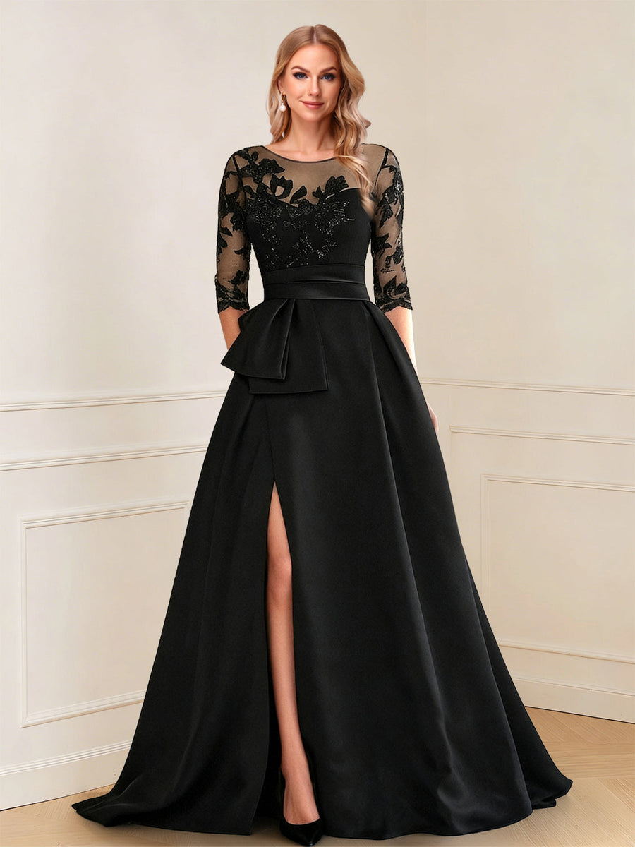 A-Line/Princess Scoop 3/4 Sleeves Floor-Length Mother of the Bride Dresses with Split Side & Applique