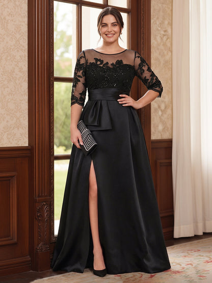 A-Line/Princess Scoop 3/4 Sleeves Floor-Length Plus Size Mother of the Bride Dresses with Split Side & Applique