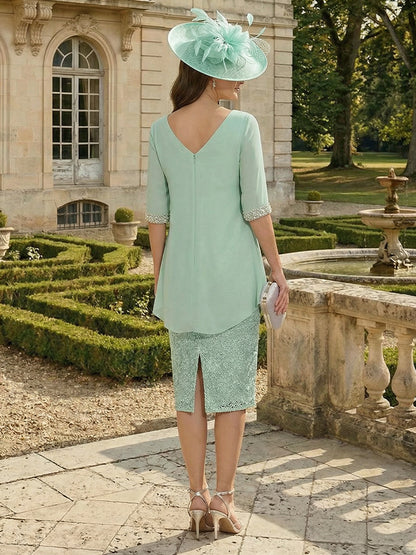 Sheath/Column Scoop Half Sleeves Knee Length Mother of the Bride Dresses with Lace & Ruched