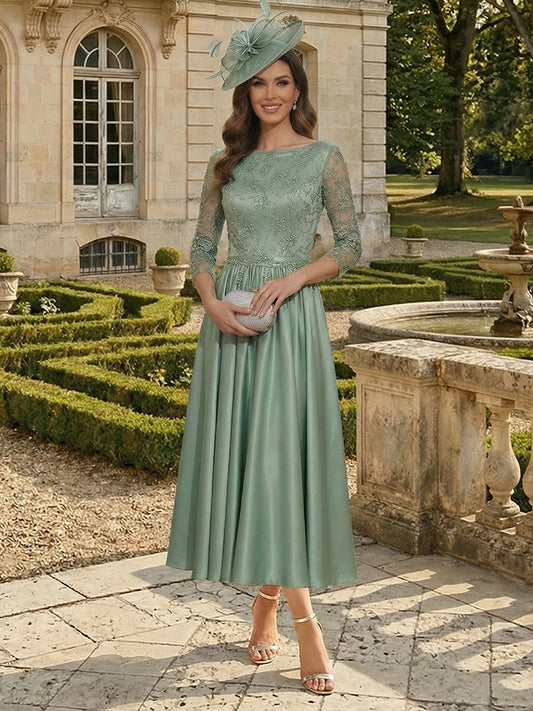 A-Line/Princess Scoop 3/4 Sleeves Tea Length Mother of the Bride Dresses with Applique & Beading