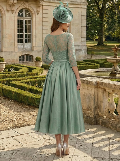 A-Line/Princess Scoop 3/4 Sleeves Tea Length Mother of the Bride Dresses with Applique & Beading