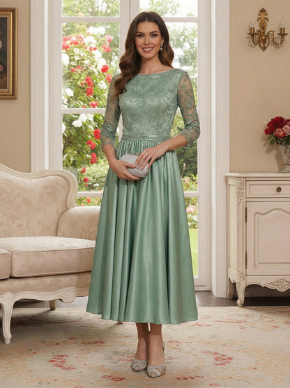 A-Line/Princess Scoop 3/4 Sleeves Tea Length Mother of the Bride Dresses with Applique & Beading