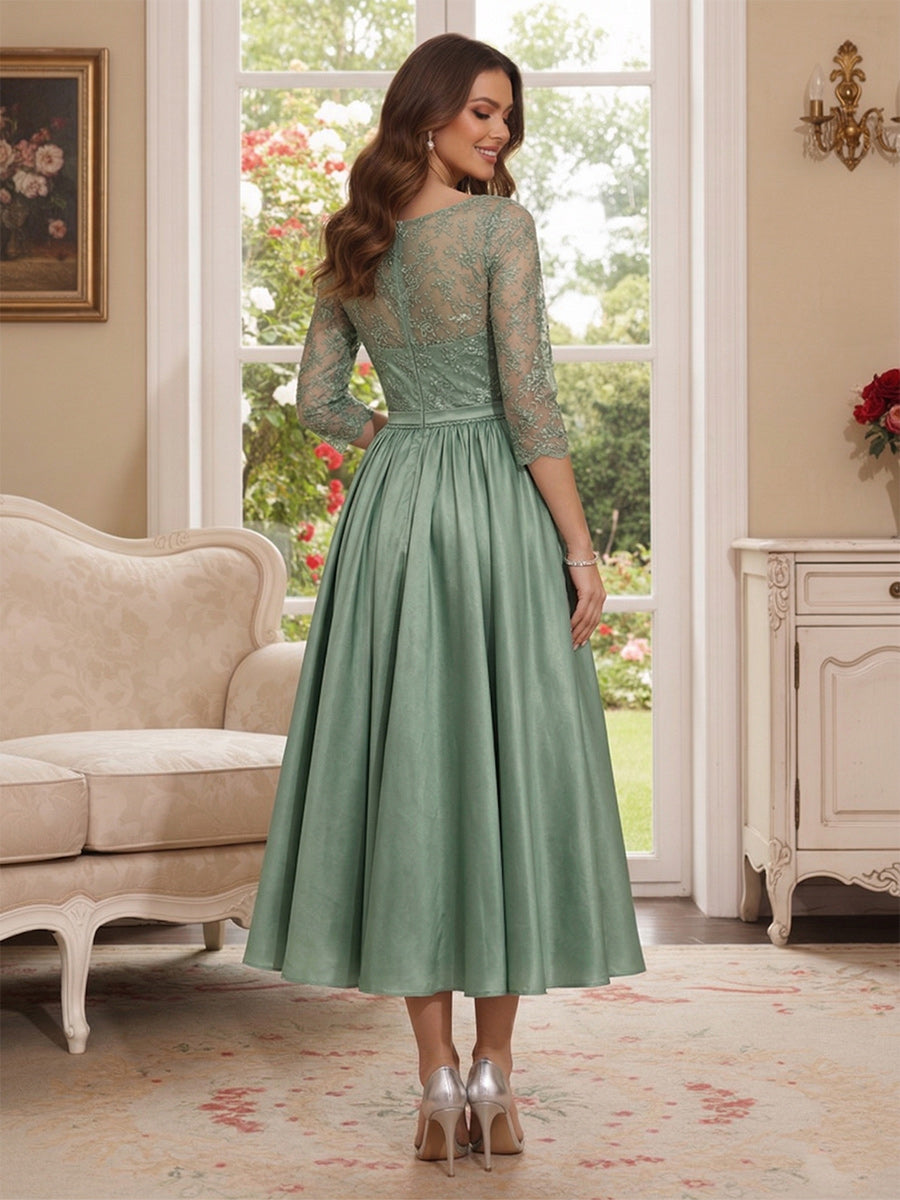A-Line/Princess Scoop 3/4 Sleeves Tea Length Mother of the Bride Dresses with Applique & Beading