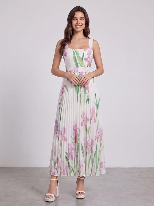 A-Line/Princess Square Neck Sleeveless Ankle-Length Bridesmaid Dresses with Pleats & Bowknot