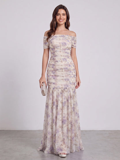 Trumpet/Mermaid Off The Shoulder Short Sleeves Floor-Length Bridesmaid Dresses with Pleats