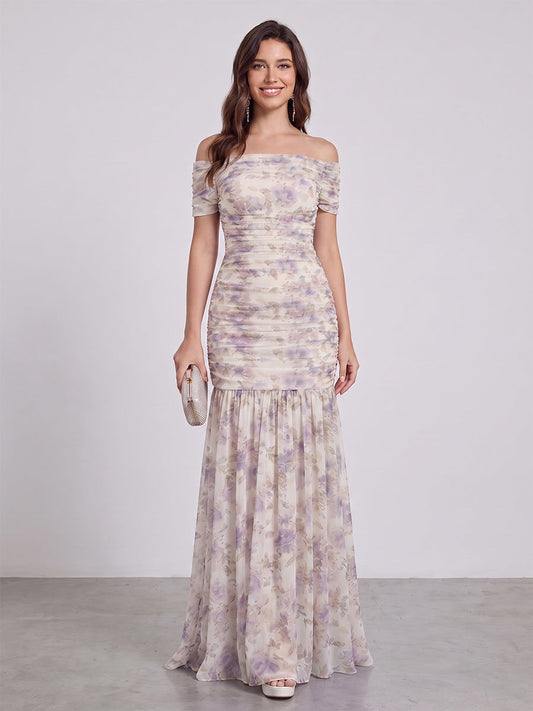 Trumpet/Mermaid Off The Shoulder Short Sleeves Floor-Length Bridesmaid Dresses with Pleats