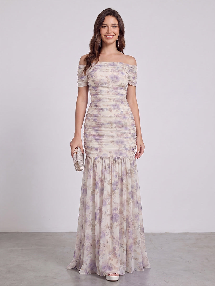 Trumpet/Mermaid Off The Shoulder Short Sleeves Floor-Length Bridesmaid Dresses with Pleats