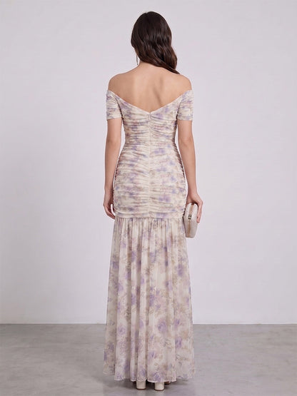 Trumpet/Mermaid Off The Shoulder Short Sleeves Floor-Length Bridesmaid Dresses with Pleats