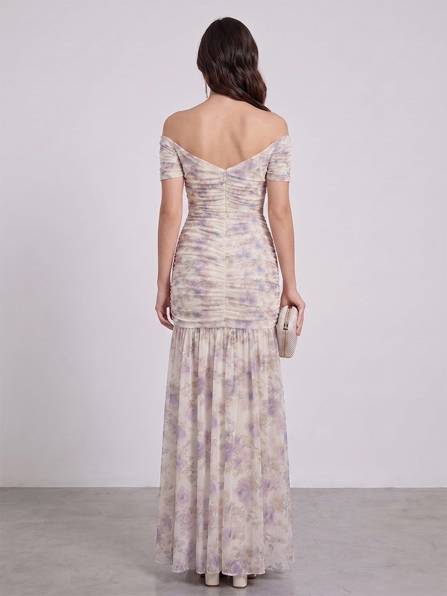 Trumpet/Mermaid Off The Shoulder Short Sleeves Floor-Length Bridesmaid Dresses with Pleats